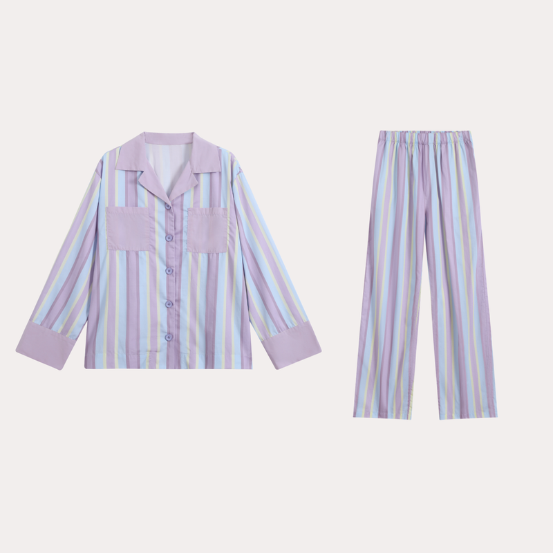 Purple Cotton contrast striped loungewear set