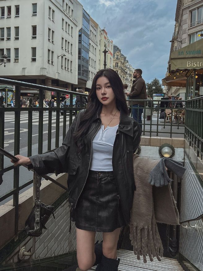 Teen vintage puffer work leather jacket