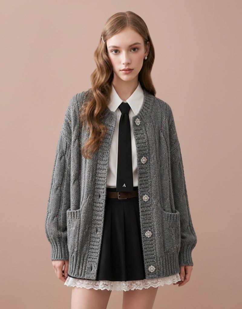 Lucy Twinkle Round Neck Oversized Cardigan Grey