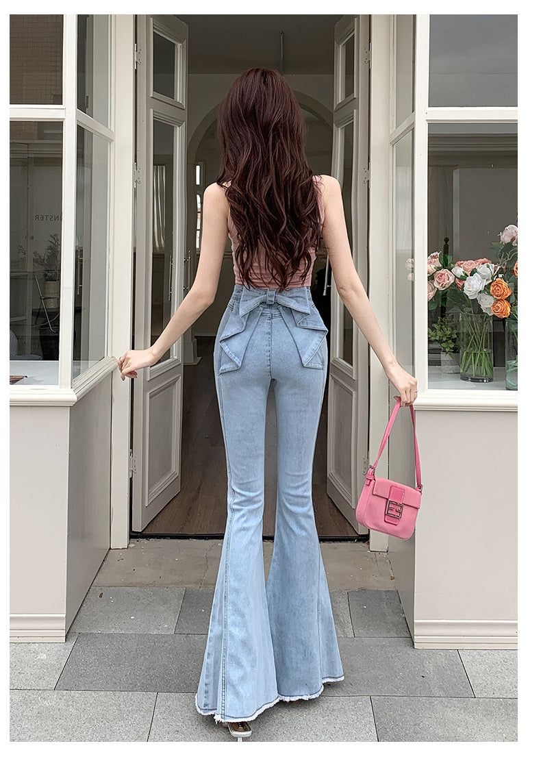 Ribbon Detail Denim Flare Pants