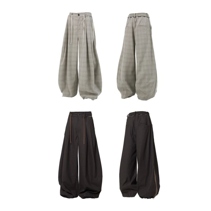 RELABEL('LABEL) anti-wrinkle pleated checkered side seam stitching loose-fitting casual pants with loose edges and a relaxed drape