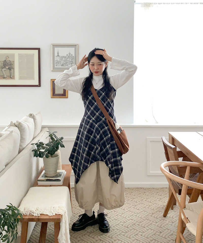 Mute Unbalanced Bustier Checkered Dress