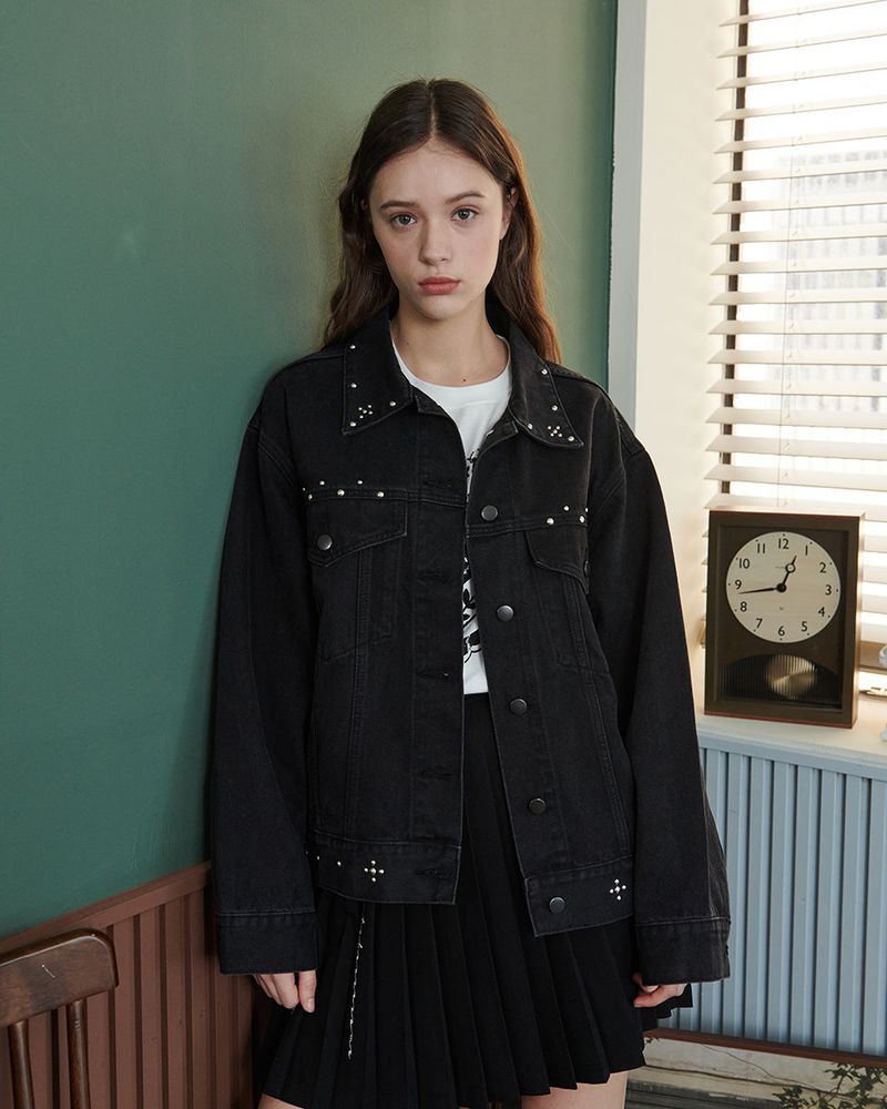 STUDDED DENIM JACKET [BLACK]