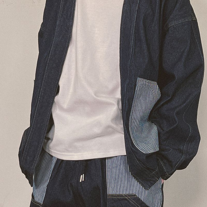 stripe patch denim cardigan_blue