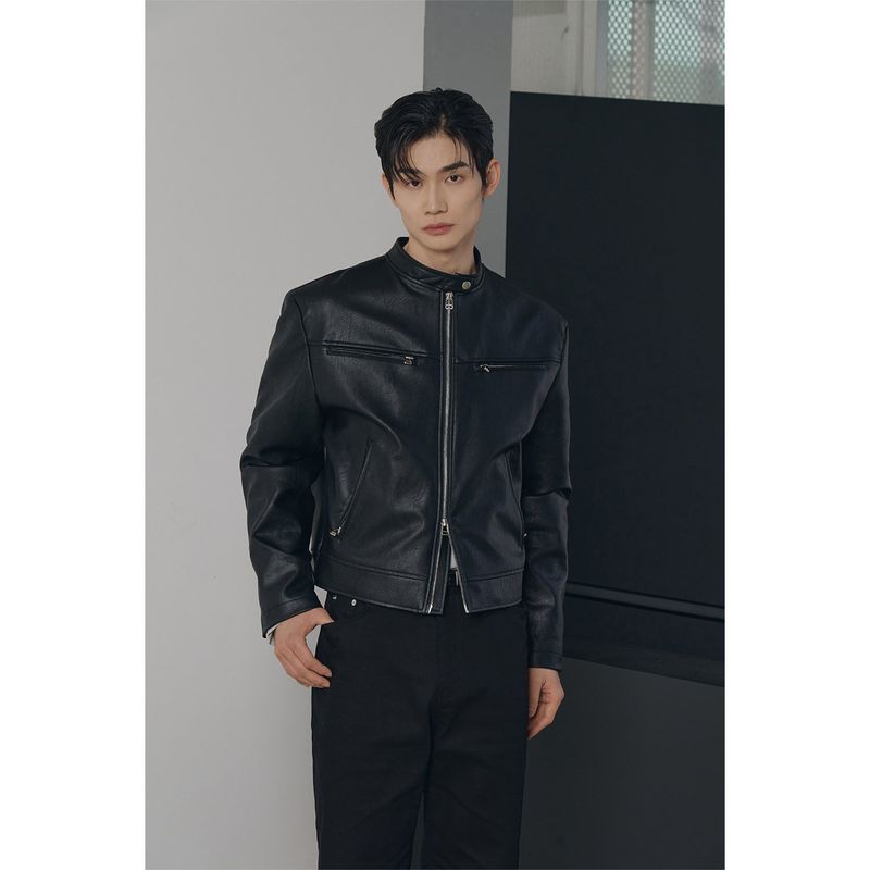 Essential cracked leather biker jacket(Black)