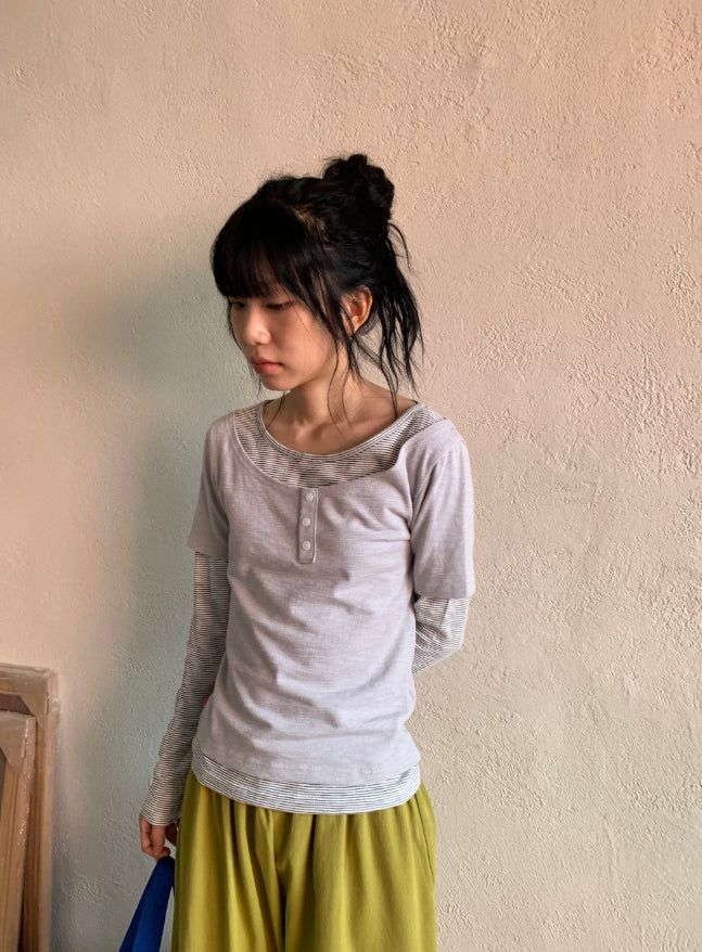 Nicks Layered Button Stripe Long Sleeve Tee