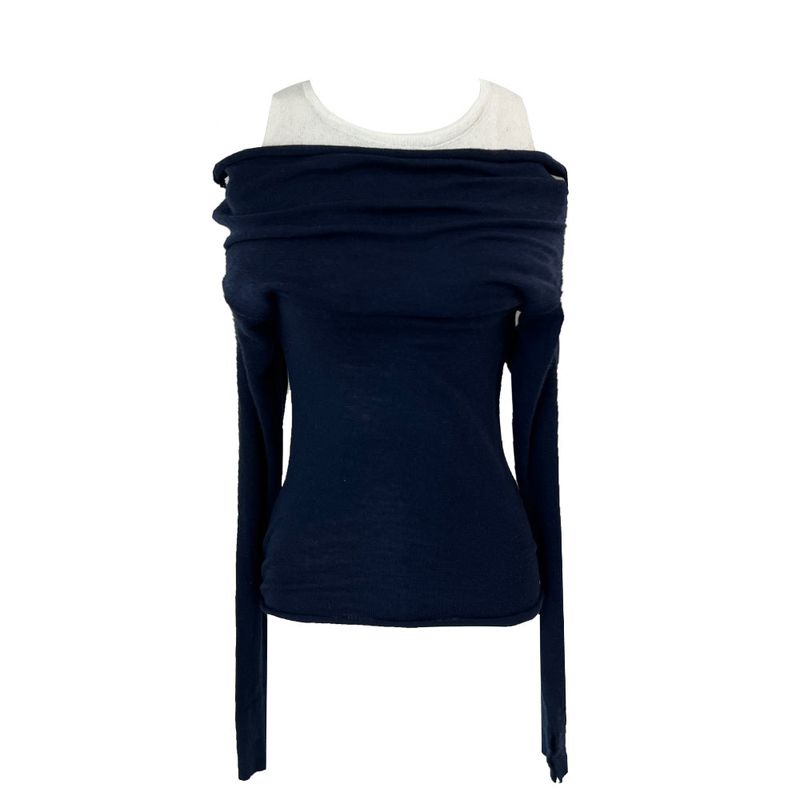 Layered shirring off-shoulder solid long sleeve knit top (3 colors)
