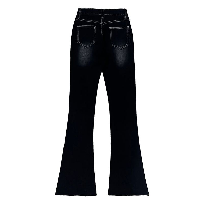 Color combination stitch gradient washed high waist spandex bootcut pants (Black)