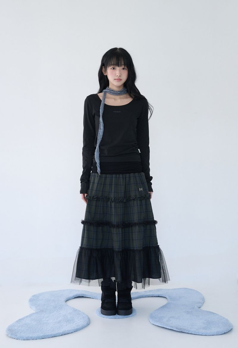 FOLDED CHECK FRILL MESH SK KHAKI