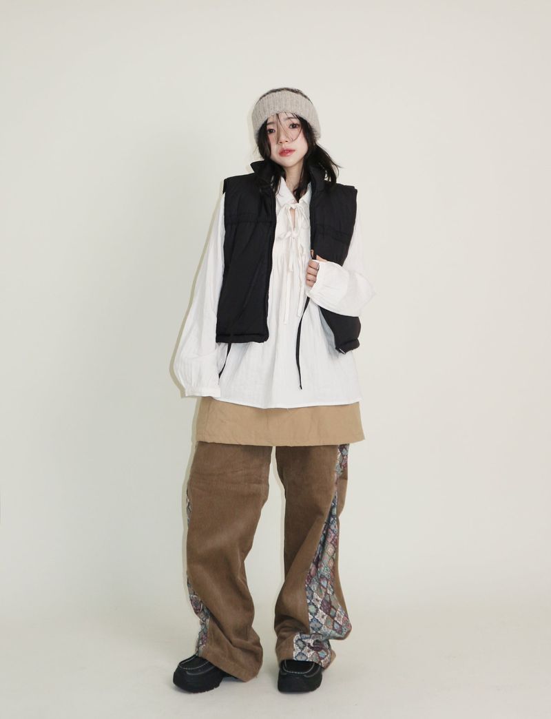 Teddy Ribbon Knot High Neck Cropped Padded Vest (6 ounces)