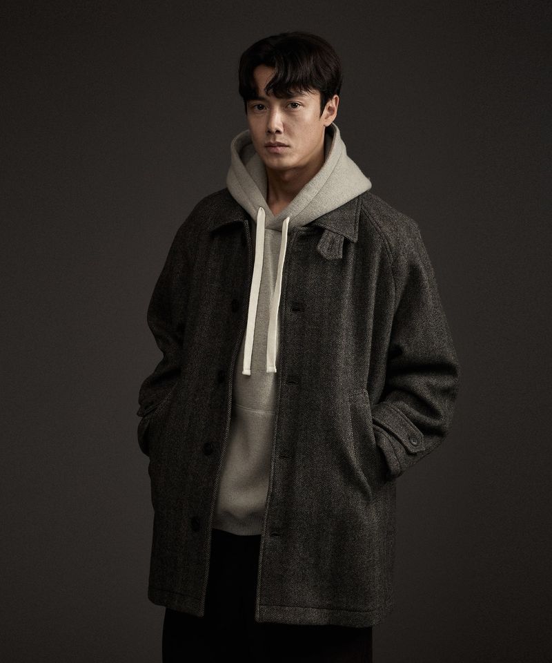 BALMACAAN HERRINGBONE WOOL CASHMERE HALF COAT BLACK