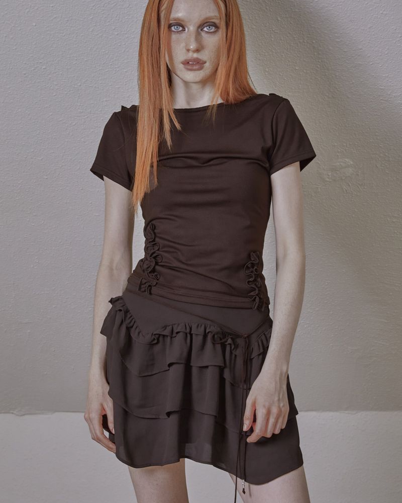 back open ruffle top / brown