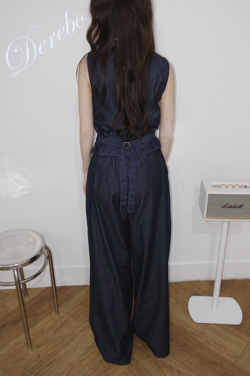 Dark blue denim vest pants two-piece