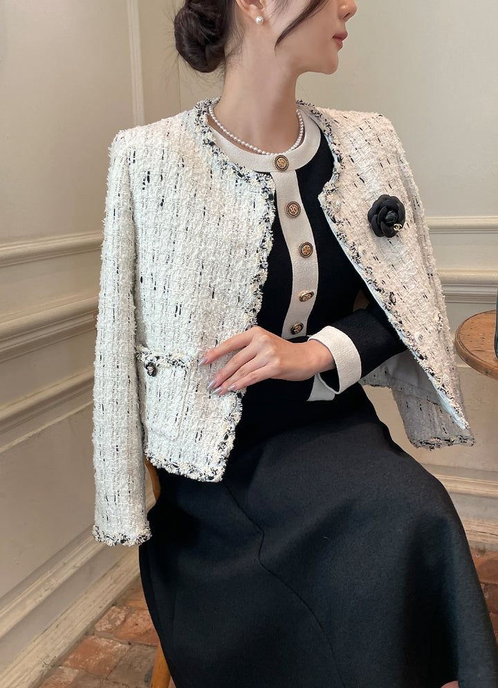 Tiang Round Color Matching Tweed Jacket (Brooch Set)