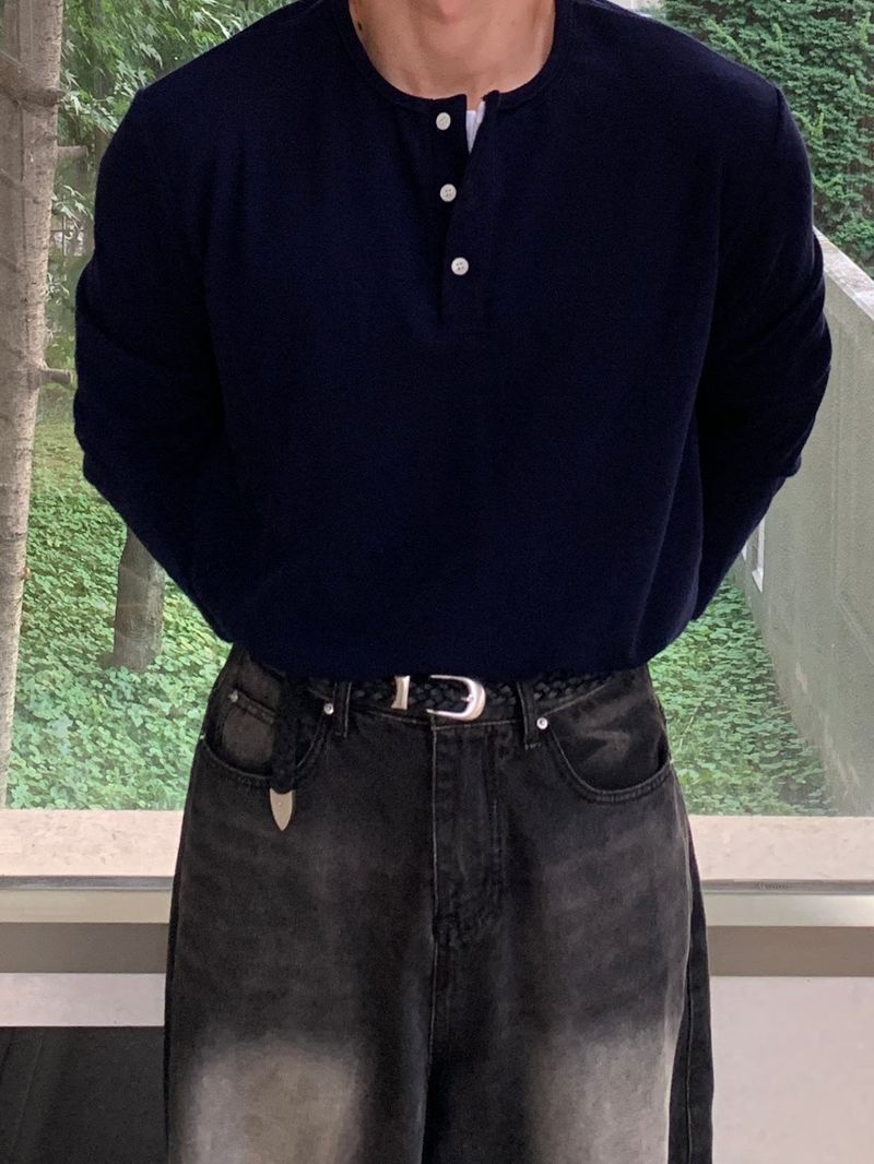 Double Layered Henry Neck Long Sleeve T-Shirt