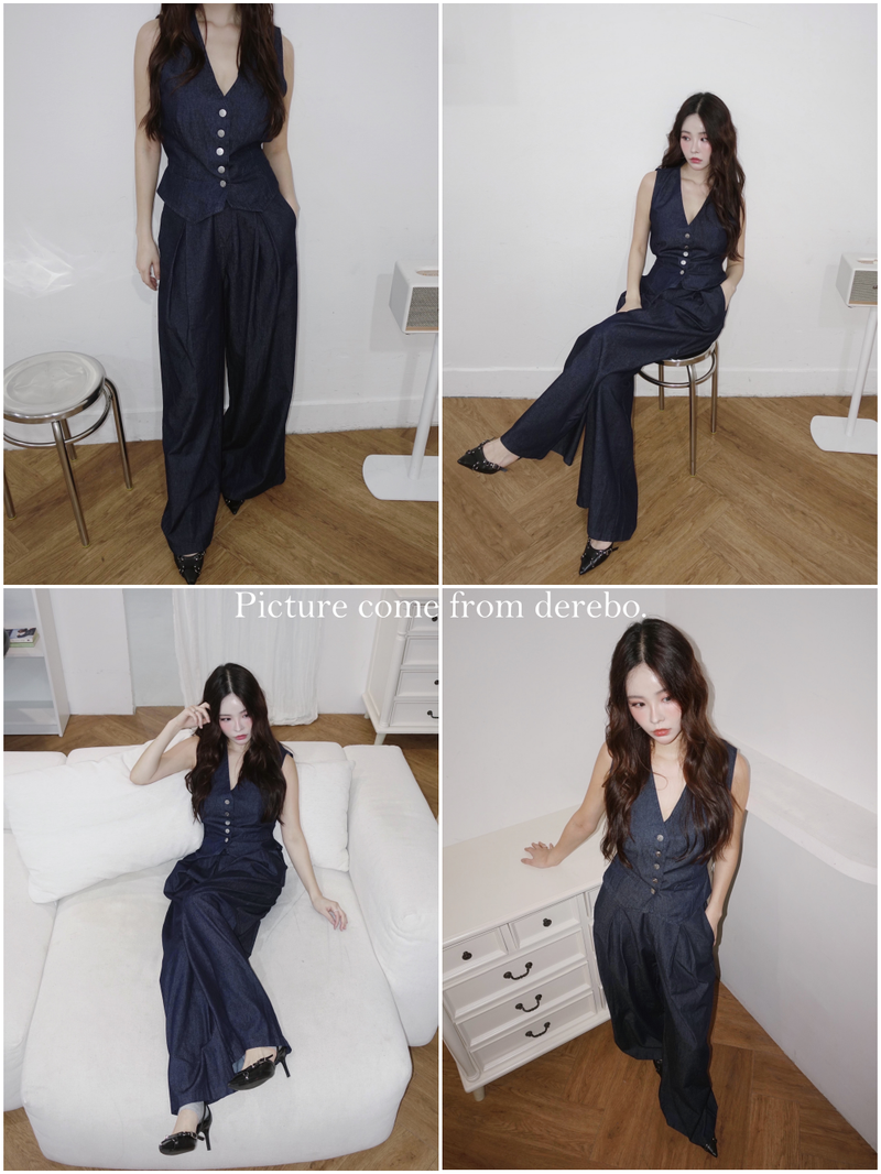 Dark blue denim vest pants two-piece