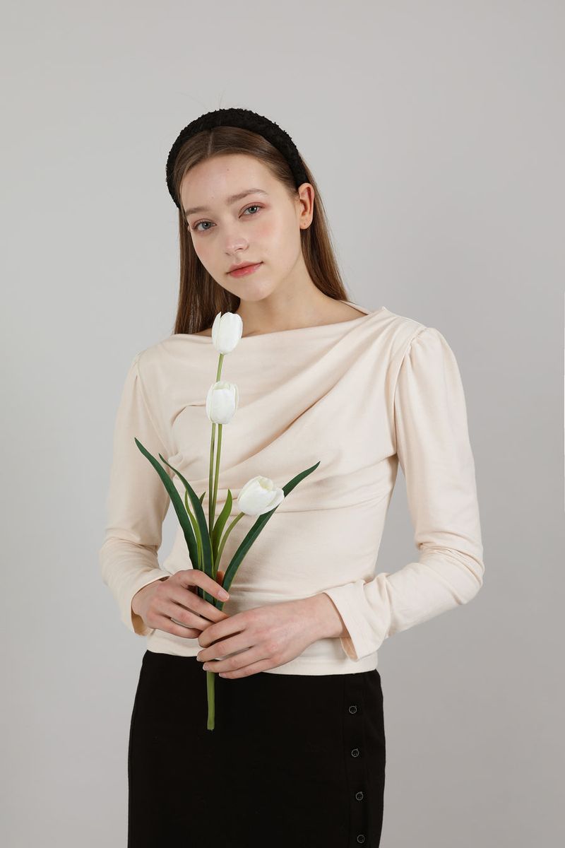 Drape Puff Shirring T-shirt Beige