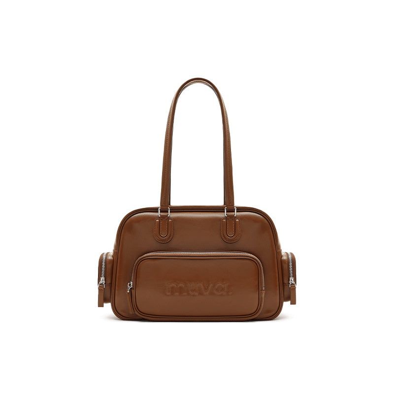 muva. Oil‑Wax Leather Retro Bowling Bag, Autumn Large‑Capacity Multi‑Pocket Genuine‑Leather Shoulder Bag for Women, New Arrival Sep 3