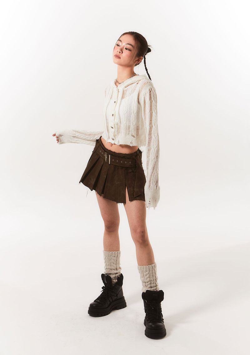 rough belted pleats sk - brown