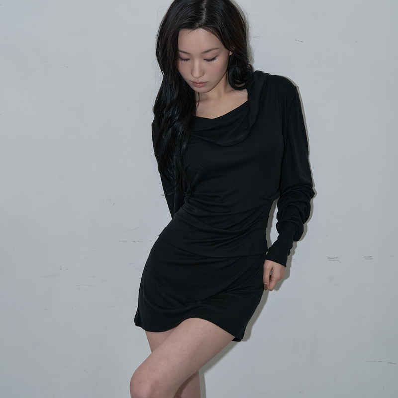 COWL HOOD DRAPE DRESS (BLACK)