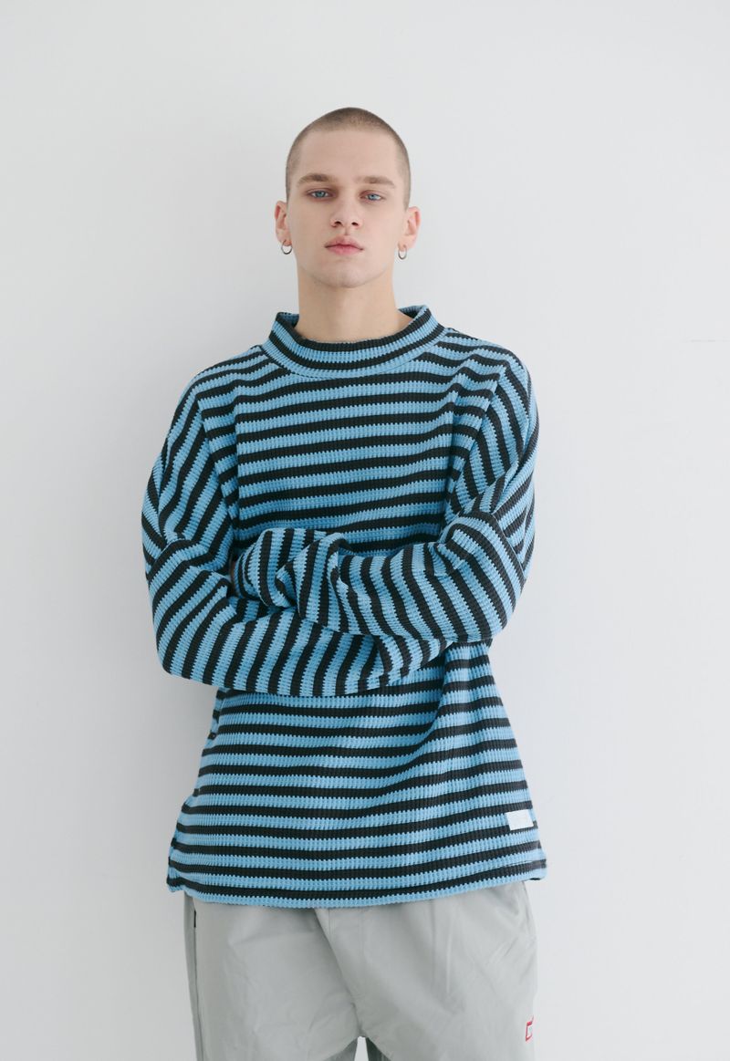 BSR2223FWPO027 STRIPE HIGH NECK PULLOVER BLUE