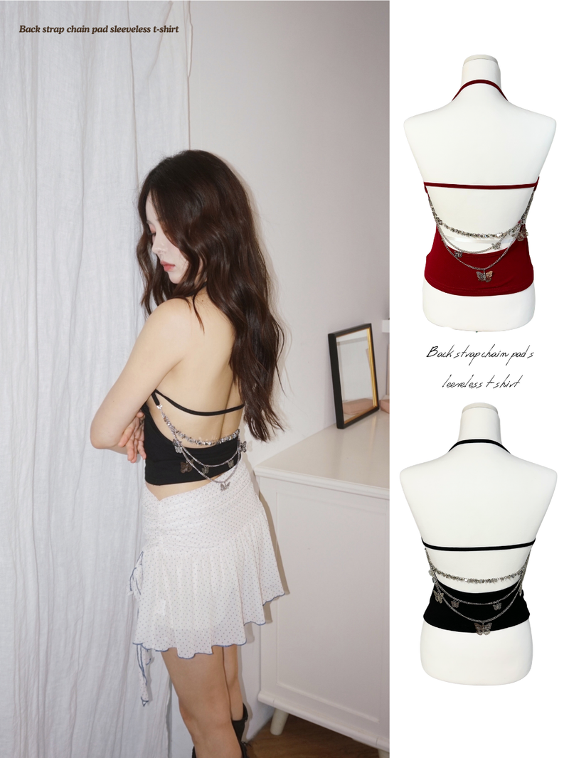 Back strap chain pad sleeveless t-shirt