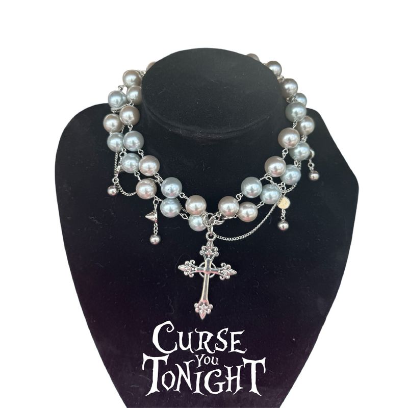 Large pearl cross pendant necklace