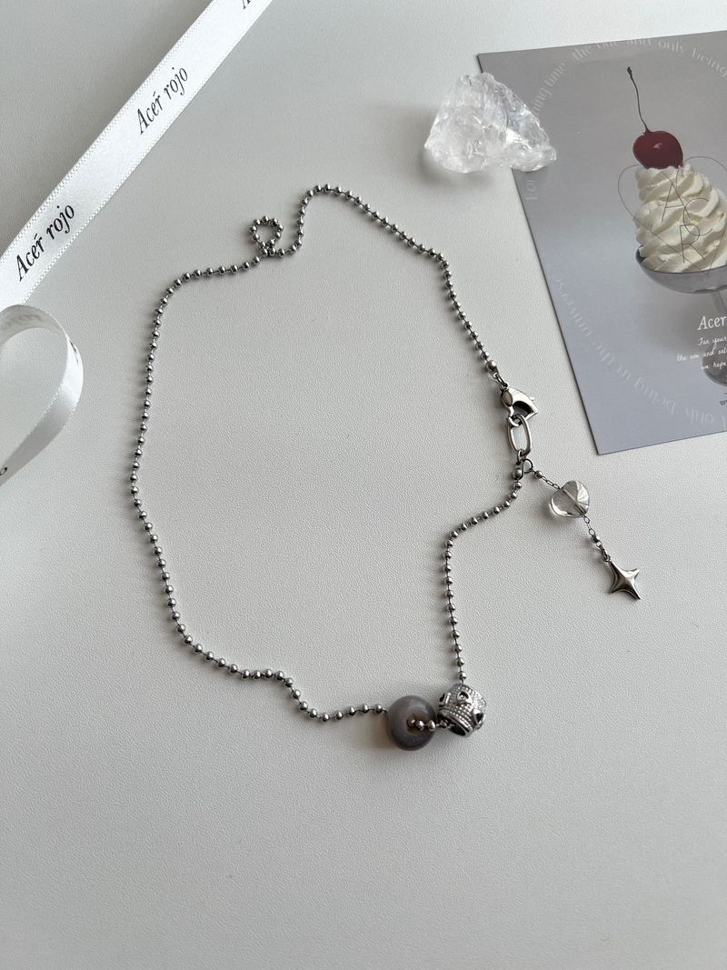 yio Gray gemstone heart Rondell star Surgical two way y Beads Bold Choker Short Layered Necklace