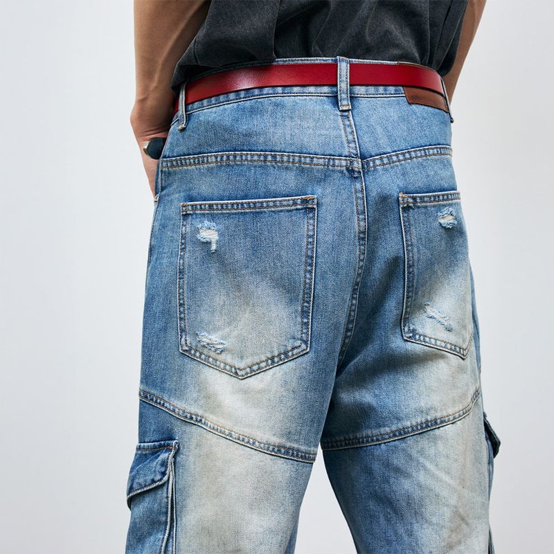 Washed Cargo Denim Detail Pants