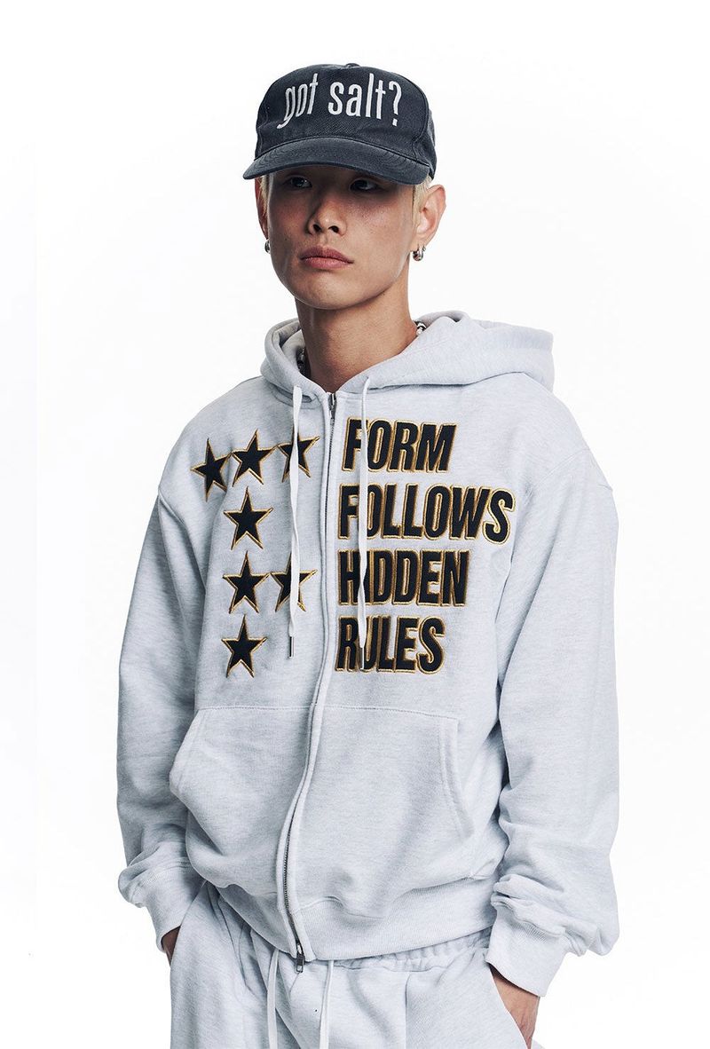 Star Lettering Patch Hoodie Zip-Up - White