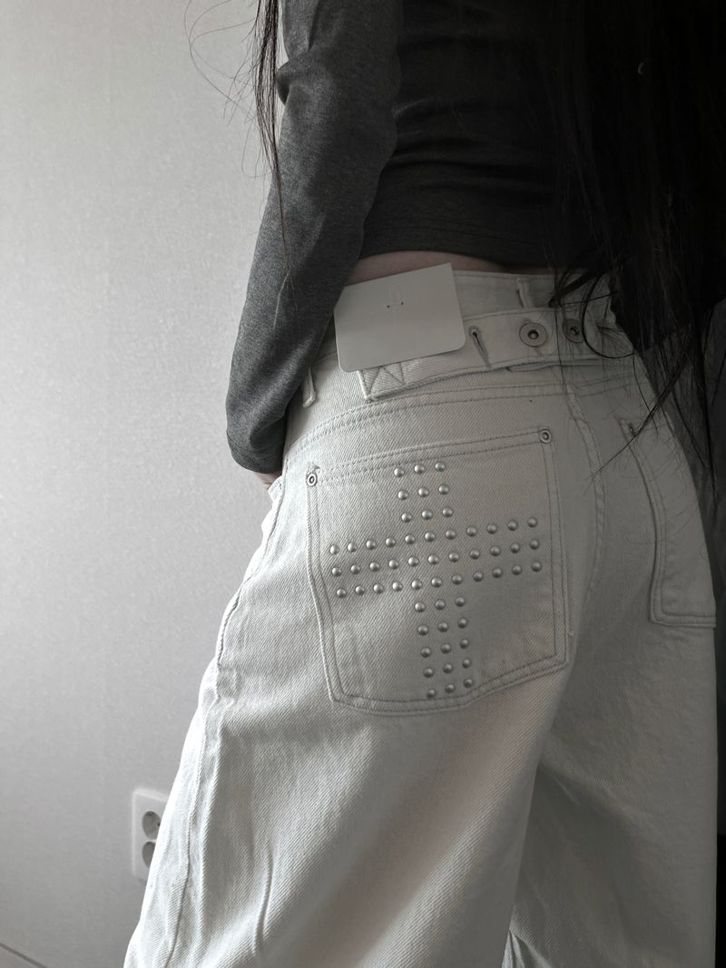back pocket cross stud wide denim (fleece-lined / 2color)
