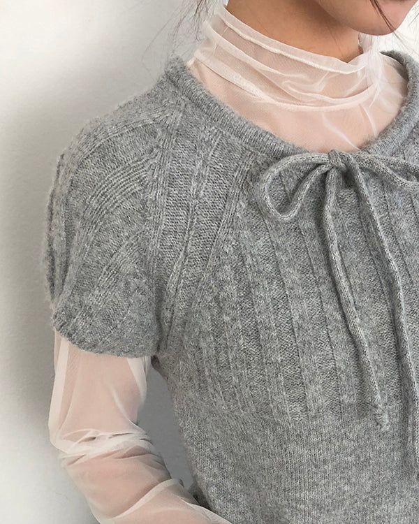 Moon Round-Neck Ribbon Layered Wool Short-Sleeve Knit