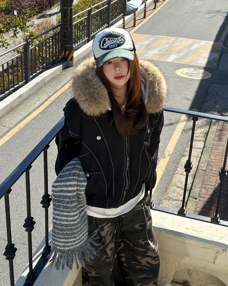 Trisher Raccoon Fur Cut-Out Padded Jumper
