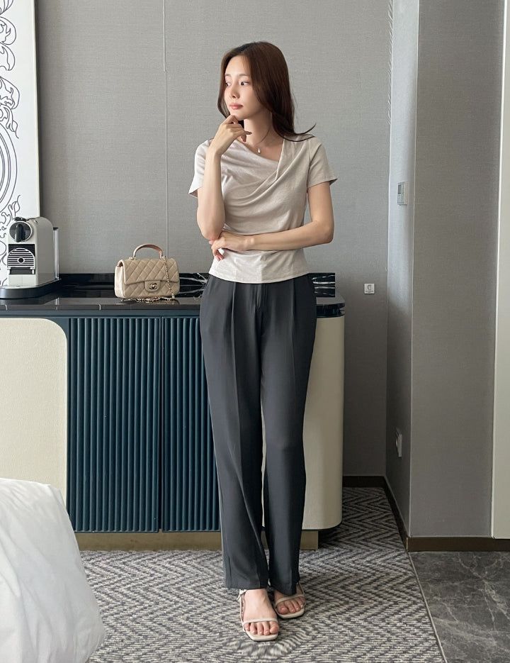 Kelly Unbalanced Drape Short Sleeve Tee-Blouse