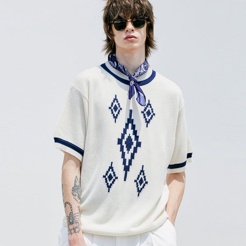 NAVAJO PATTERN RINGER HALF KNIT CREAM