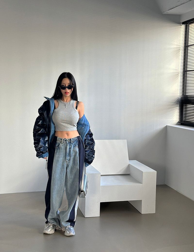 Double-sided reversible denim padded coat