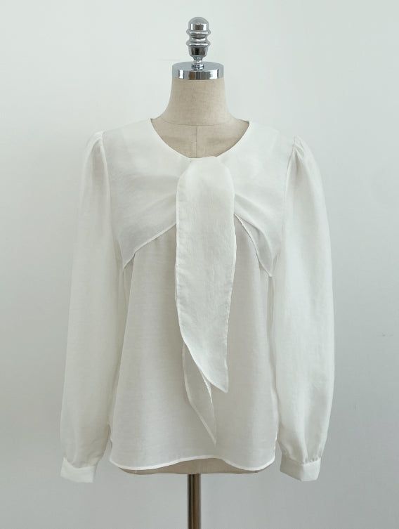 Marron Volume Ribbon Puff Blouse
