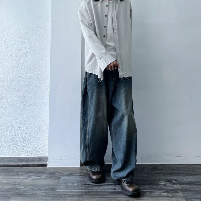 Curved Striped Washed Denim Trousers
