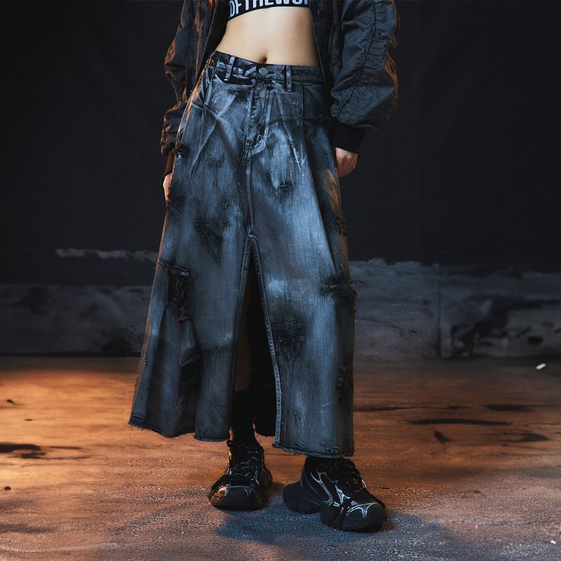 Damage Crack Washed Denim Skirt