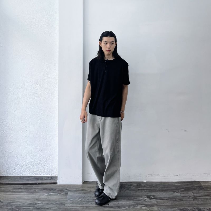 Black Field Textured Henley Top