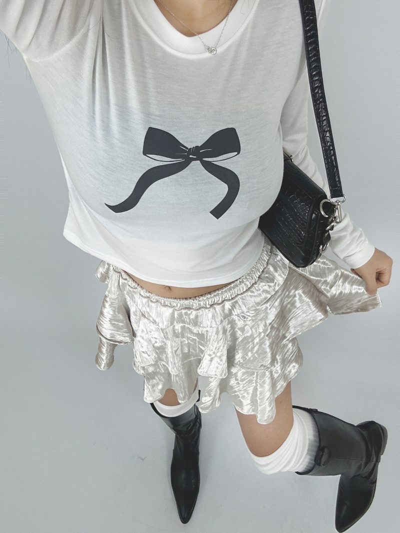 BASIC BOW-DETAIL SEMI-CROPPED STRETCH ROUND U-NECK LONG-SLEEVE TEE