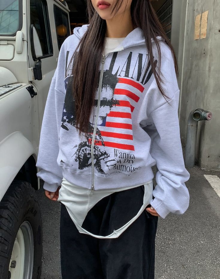 Land Stars and Stripes Two-Way Semi-Crop Hooded Zip-Up