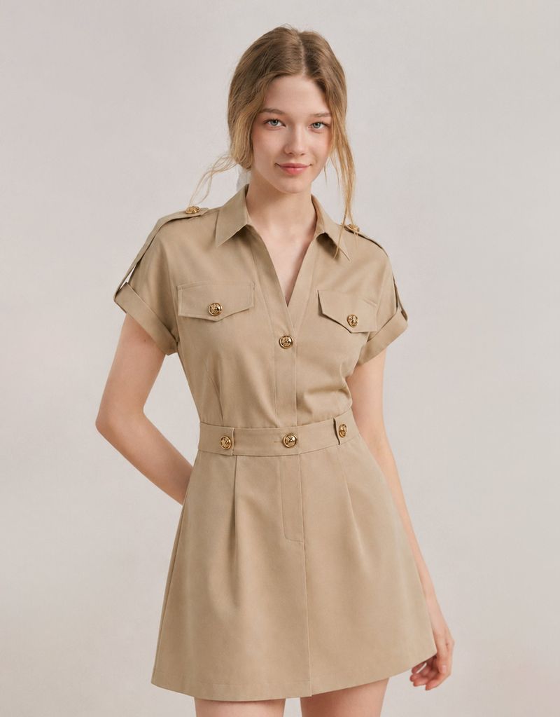Arienne Gold Button Safari Mini Dress Sandbeige