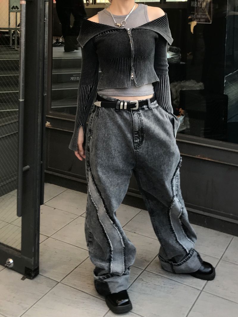 Unique cutting line grunge wide denim pants