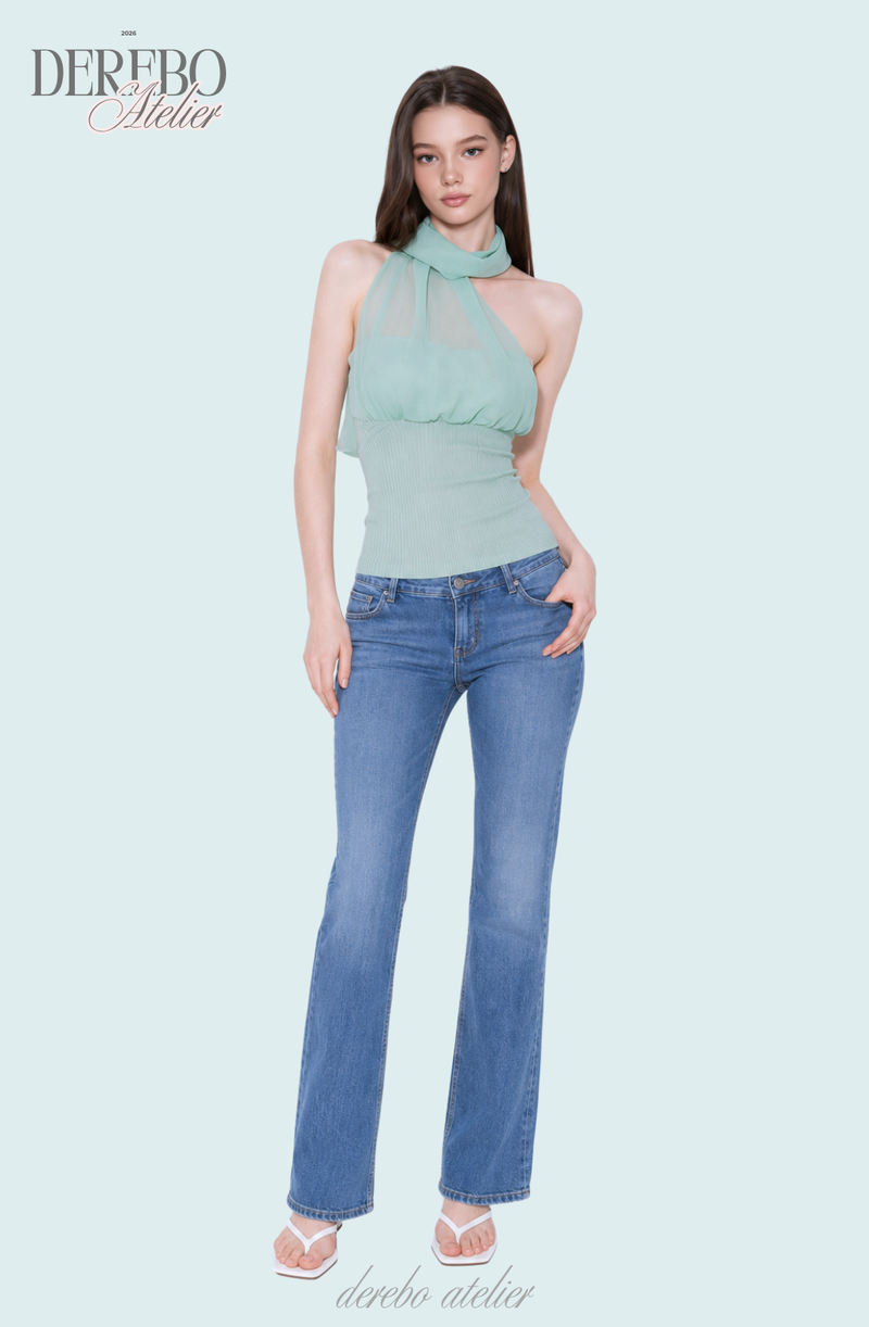 one-shoulder mint chiffon sleeveless top