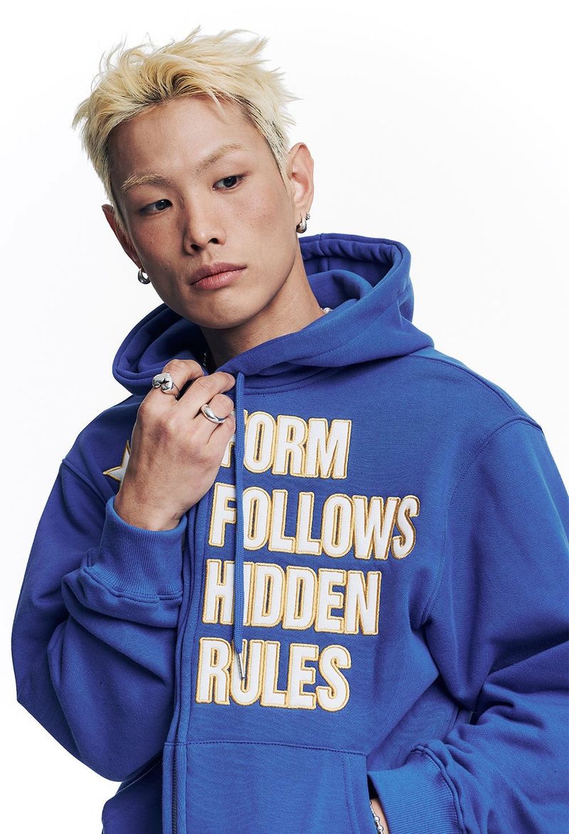 Star Lettering Patch Hoodie Zip-Up - Blue
