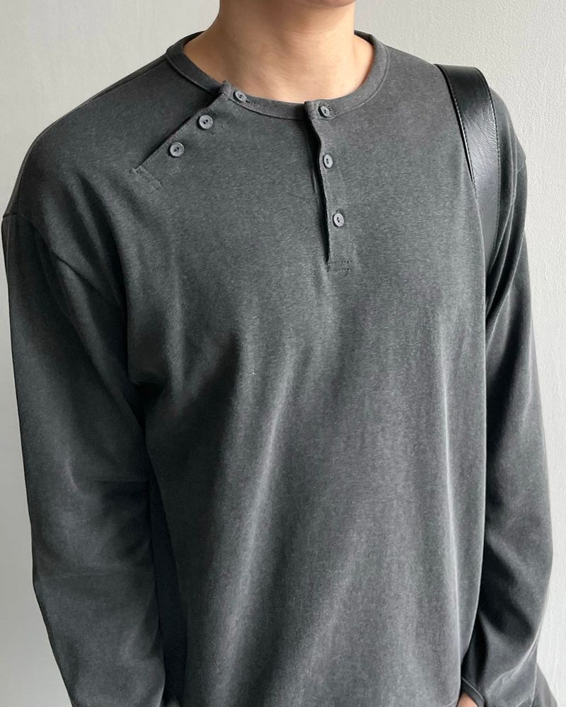 Double Washed Henley Neck Long Sleeve