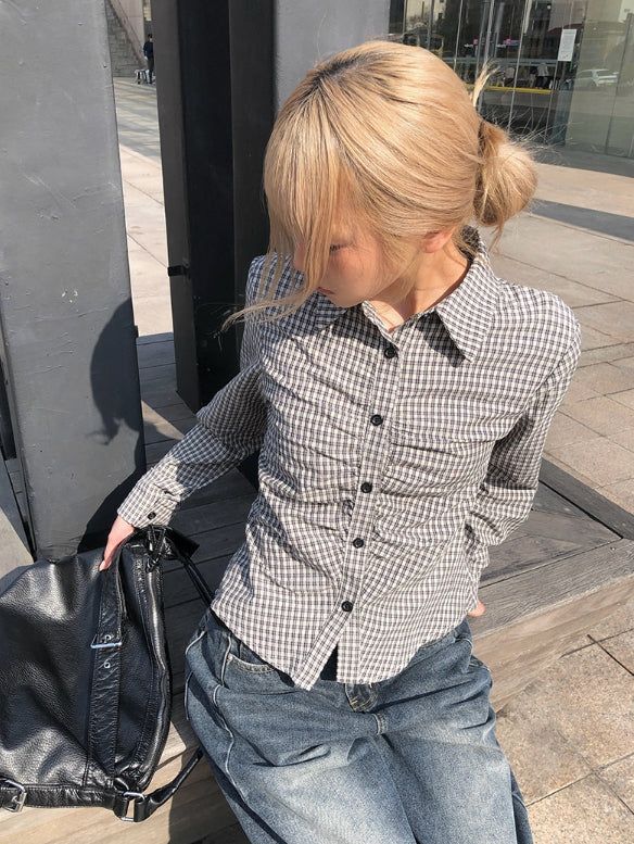 Onser Check Shirring Collar Slim Shirt