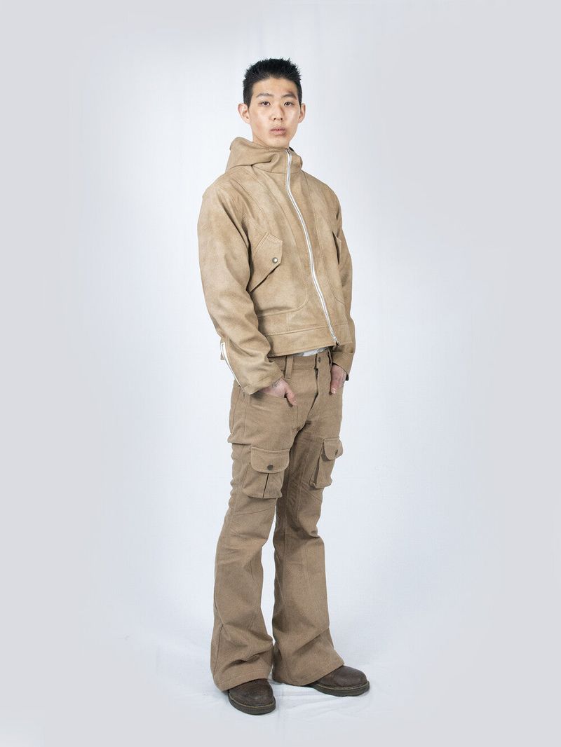 Curved Cargo Flare Pants (Beige)
