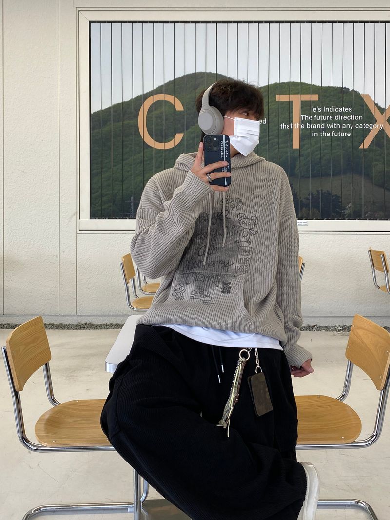 Bear Printing Hooded Knit (3color)